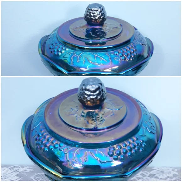 Indiana Blue Iridescent Carnival Glass Pedestal Compote Harvest Grape Purple Lid - Picture 10 of 16